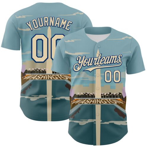 3DPattern8185 Custom Blue Cream-Royal 3D Pattern Design Washington Cityscape Skyline Authentic Baseball Jersey