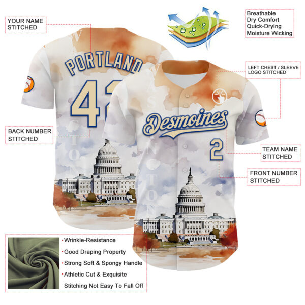 Custom White Cream-Royal 3D Pattern Design Washington Cityscape United States Capitol Authentic Baseball Jersey