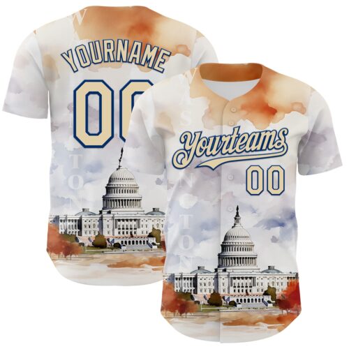 3DPattern8186 Custom White Cream-Royal 3D Pattern Design Washington Cityscape United States Capitol Authentic Baseball Jersey