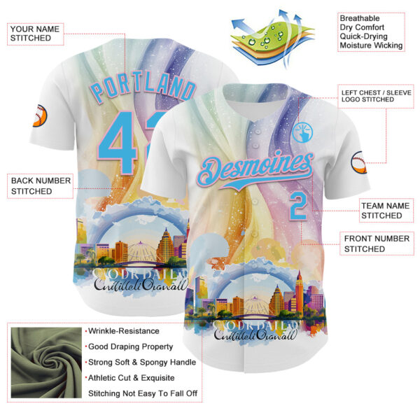 Custom White Sky Blue-Light Pink 3D Pattern Design Orlando Cityscape Skyline Authentic Baseball Jersey