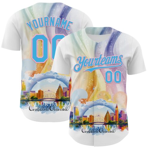 3DPattern8187 Custom White Sky Blue-Light Pink 3D Pattern Design Orlando Cityscape Skyline Authentic Baseball Jersey