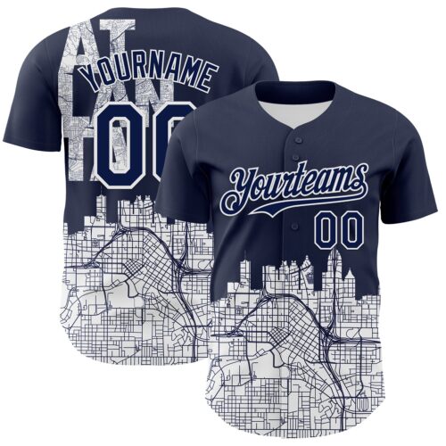3DPattern8188 Custom Navy White 3D Pattern Design Atlanta Cityscape Urban Map Authentic Baseball Jersey