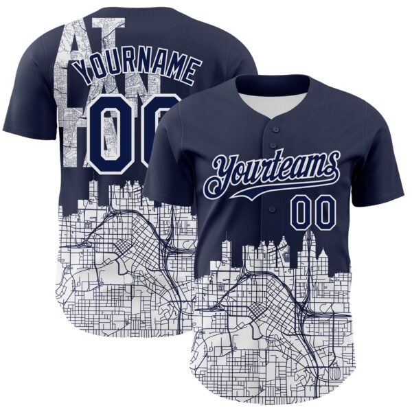 Custom Navy White 3D Pattern Design Atlanta Cityscape Urban Map Authentic Baseball Jersey