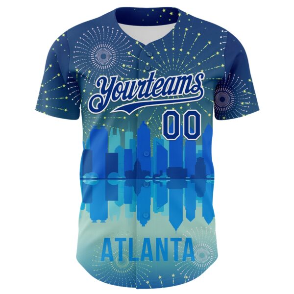 Custom Blue Royal-White 3D Pattern Design Atlanta Cityscape Fireworks Authentic Baseball Jersey