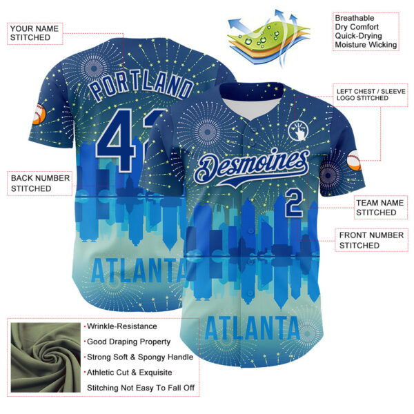 Custom Blue Royal-White 3D Pattern Design Atlanta Cityscape Fireworks Authentic Baseball Jersey