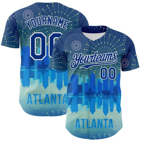 3DPattern8189 Custom Blue Royal-White 3D Pattern Design Atlanta Cityscape Fireworks Authentic Baseball Jersey