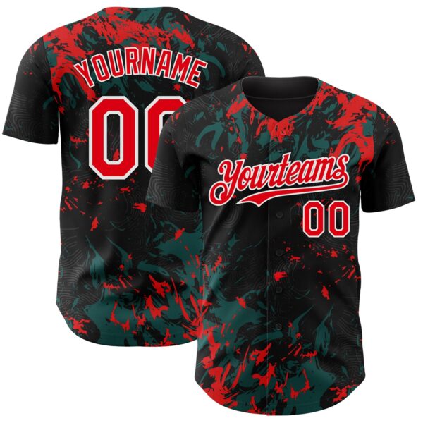 Custom Black Fire Red Midnight Green-White Splash Authentic Baseball Jersey