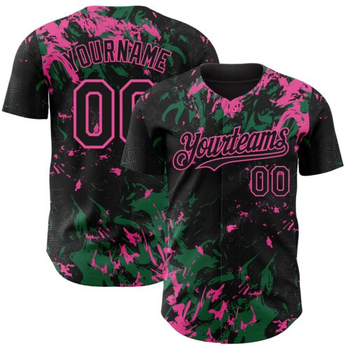 Custom Black Kelly Green-Pink Splash Authentic Baseball Jersey