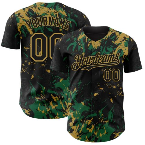 Custom Black Kelly Green-Old Gold Splash Authentic Baseball Jersey