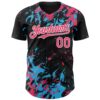 Custom Black Neon Pink Sky Blue-White Splash Authentic Baseball Jersey
