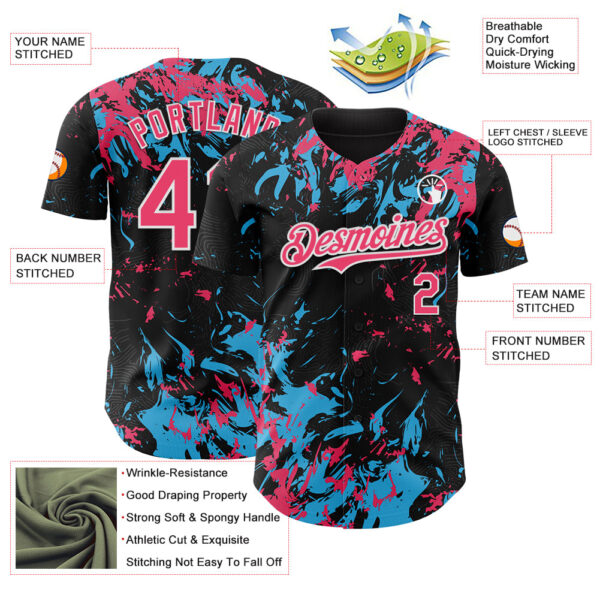 Custom Black Neon Pink Sky Blue-White Splash Authentic Baseball Jersey