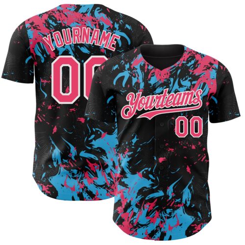 Custom Black Neon Pink Sky Blue-White Splash Authentic Baseball Jersey