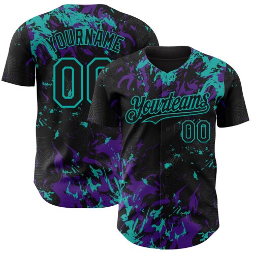 Custom Black Purple-Aqua Splash Authentic Baseball Jersey