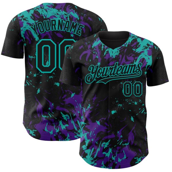 Custom Black Purple-Aqua Splash Authentic Baseball Jersey