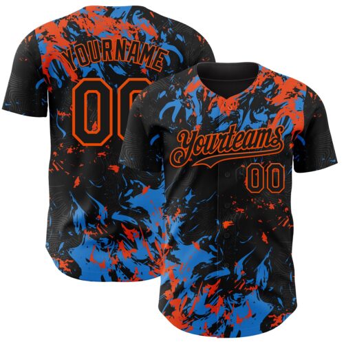 Custom Black Electric Blue-Orange Splash Authentic Baseball Jersey