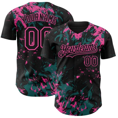 Custom Black Teal-Pink Splash Authentic Baseball Jersey