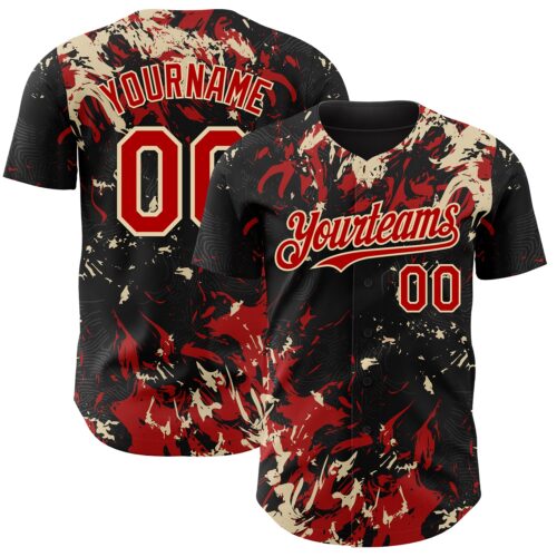 Custom Black Red-Cream Splash Authentic Baseball Jersey