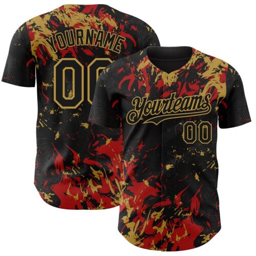 Custom Black Red-Old Gold Splash Authentic Baseball Jersey