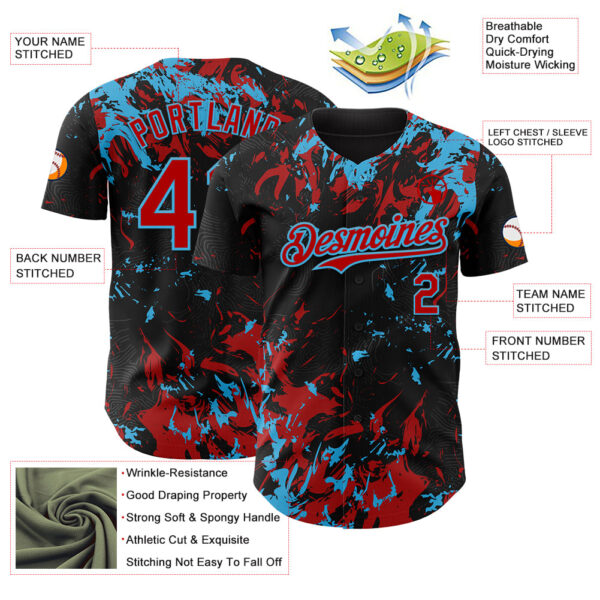 Custom Black Red-Sky Blue Splash Authentic Baseball Jersey