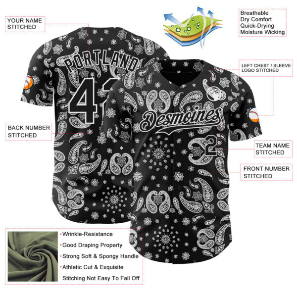 Custom Black White Rave Party Ethnic Paisley Bandana Authentic Baseball Jersey
