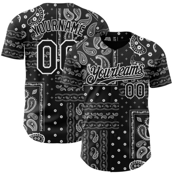 Custom Black White Rave Party Ethnic Paisley Bandana Authentic Baseball Jersey