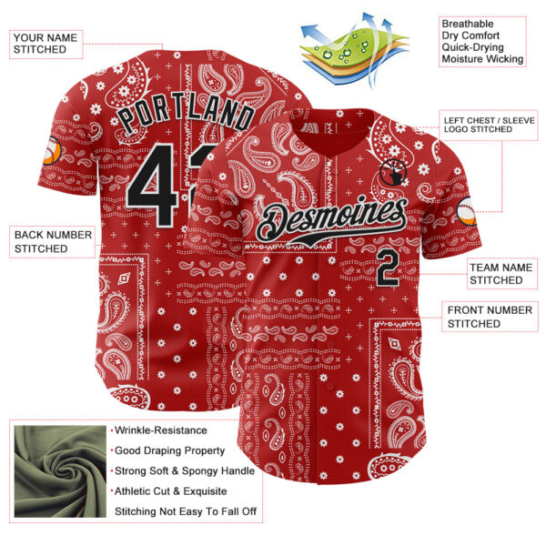 Custom Red Black-White Rave Party Ethnic Paisley Bandana Authentic Baseball Jersey