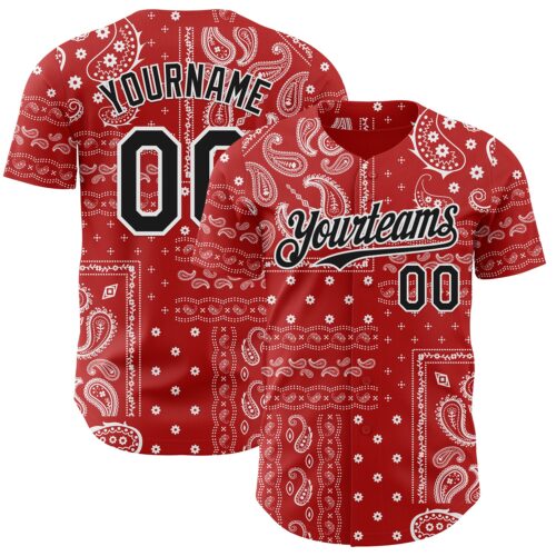 Custom Red Black-White Rave Party Ethnic Paisley Bandana Authentic Baseball Jersey