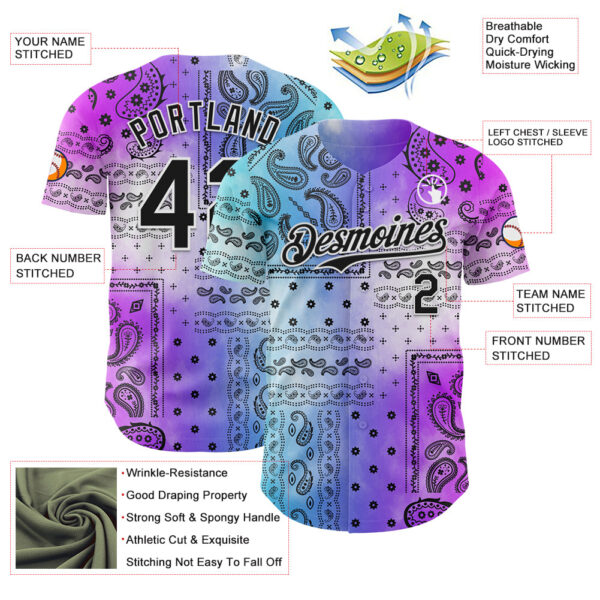 Custom Purple Black Blue-White Gradient Rave Party Ethnic Paisley Bandana Authentic Baseball Jersey
