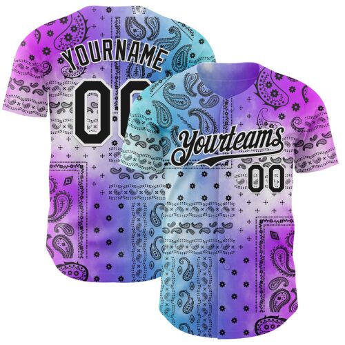 Custom Purple Black Blue-White Gradient Rave Party Ethnic Paisley Bandana Authentic Baseball Jersey