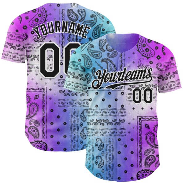 Custom Purple Black Blue-White Gradient Rave Party Ethnic Paisley Bandana Authentic Baseball Jersey
