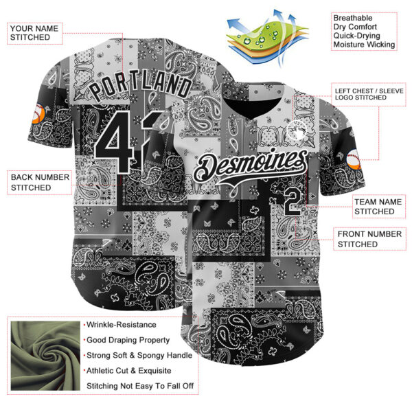 Custom Black Gray-White Rave Party Ethnic Paisley Bandana Authentic Baseball Jersey