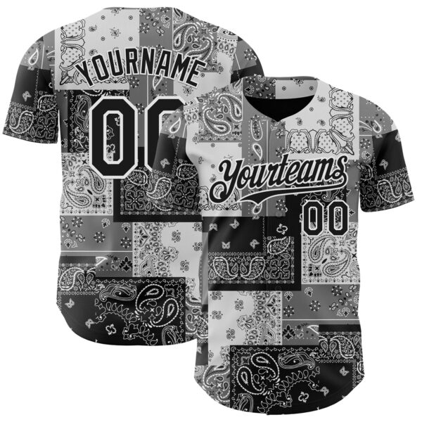 Custom Black Gray-White Rave Party Ethnic Paisley Bandana Authentic Baseball Jersey