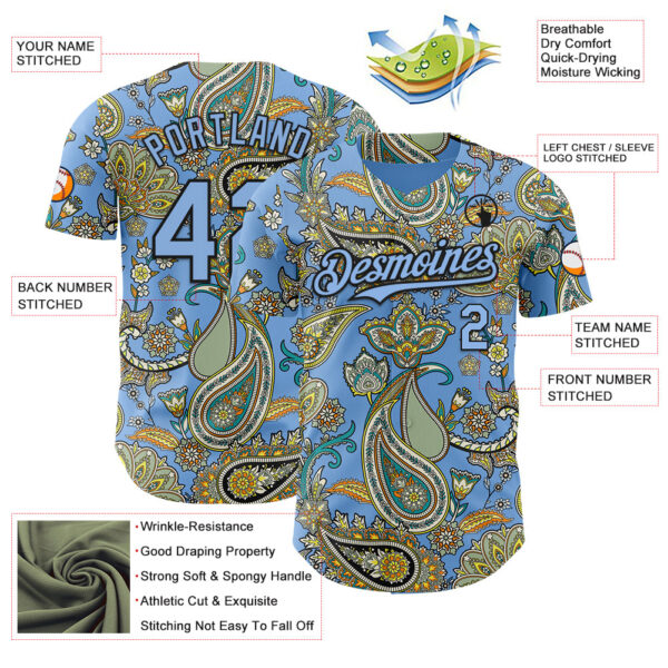 Custom Light Blue Black Rave Party Ethnic Paisley Bandana Authentic Baseball Jersey