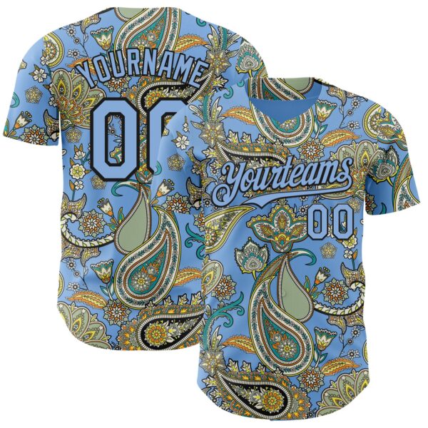 Custom Light Blue Black Rave Party Ethnic Paisley Bandana Authentic Baseball Jersey