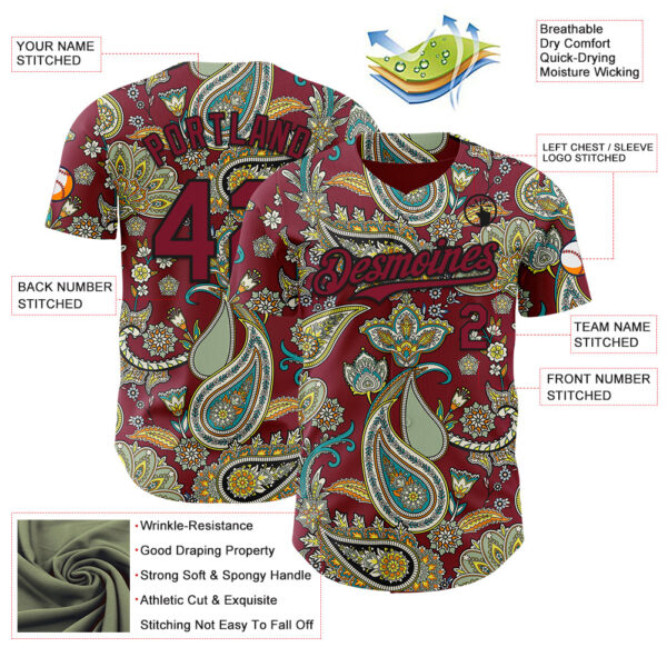 Custom Crimson Black Rave Party Ethnic Paisley Bandana Authentic Baseball Jersey