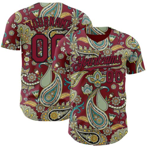 Custom Crimson Black Rave Party Ethnic Paisley Bandana Authentic Baseball Jersey