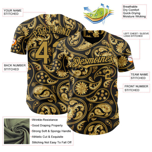 Custom Black Old Gold Rave Party Ethnic Paisley Bandana Authentic Baseball Jersey