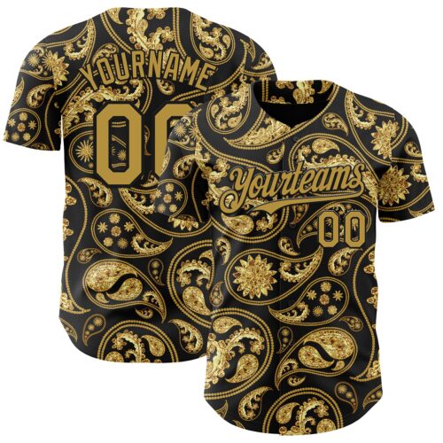 Custom Black Old Gold Rave Party Ethnic Paisley Bandana Authentic Baseball Jersey