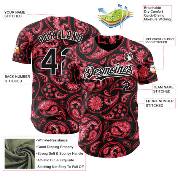 Custom Black Red-White Rave Party Ethnic Paisley Bandana Authentic Baseball Jersey