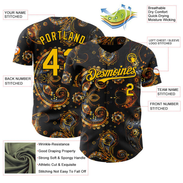 Custom Black Yellow Rave Party Ethnic Paisley Bandana Authentic Baseball Jersey
