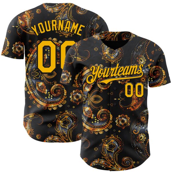 Custom Black Yellow Rave Party Ethnic Paisley Bandana Authentic Baseball Jersey