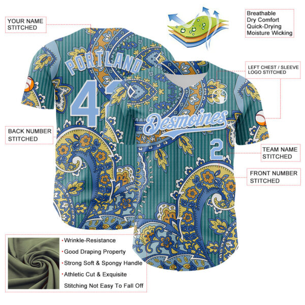 Custom Teal Light Blue-White Rave Party Ethnic Paisley Bandana Authentic Baseball Jersey