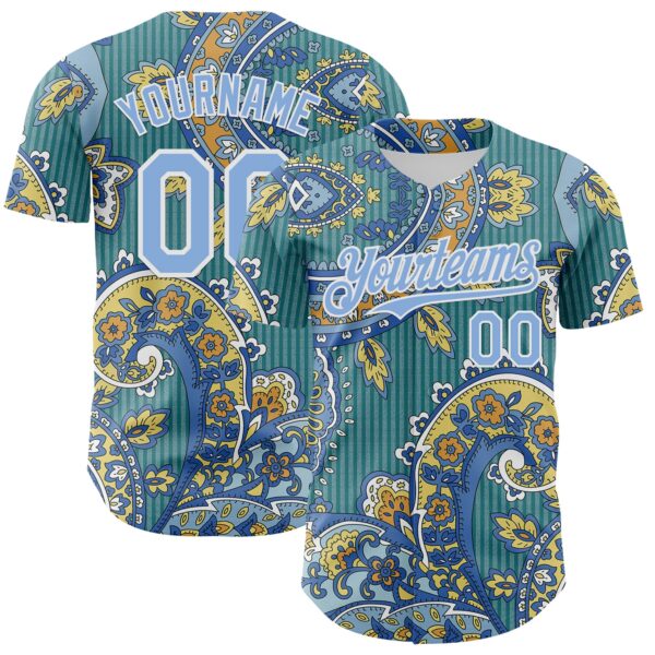 Custom Teal Light Blue-White Rave Party Ethnic Paisley Bandana Authentic Baseball Jersey