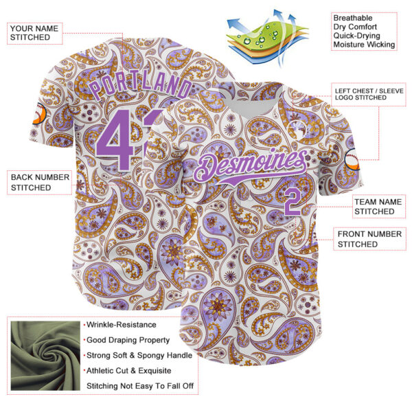 Custom White Medium Purple Rave Party Ethnic Paisley Bandana Authentic Baseball Jersey