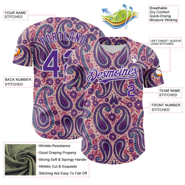 Custom Light Pink Purple-White Rave Party Ethnic Paisley Bandana Authentic Baseball Jersey
