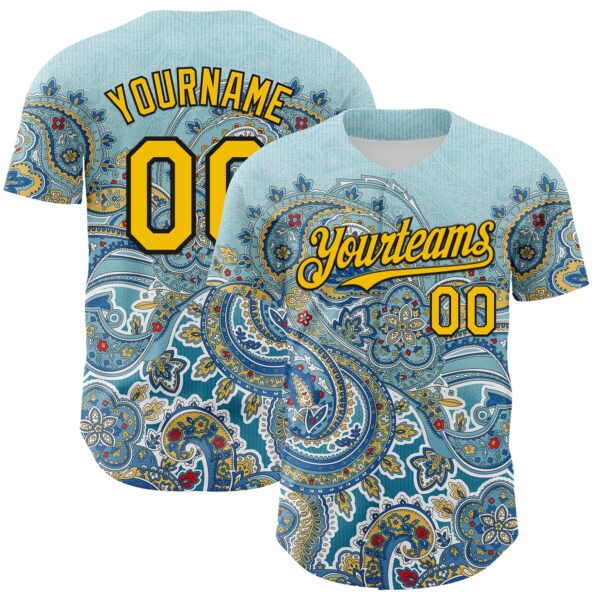 Custom Blue Yellow-Black Rave Party Ethnic Paisley Bandana Authentic Baseball Jersey