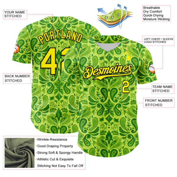 Custom Neon Green Black Rave Party Ethnic Paisley Bandana Authentic Baseball Jersey