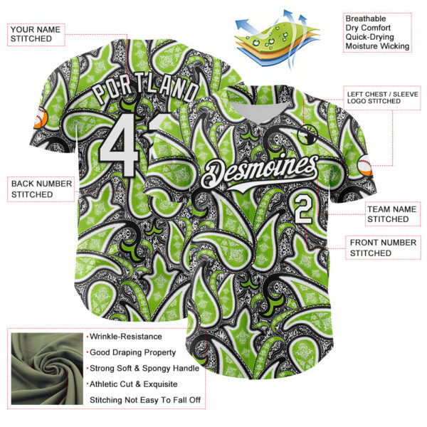 Custom Black White-Neon Green Rave Party Ethnic Paisley Bandana Authentic Baseball Jersey