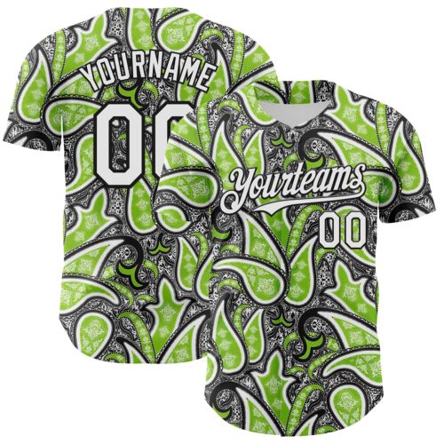 3DPattern8435 Custom Black White-Neon Green Rave Party Ethnic Paisley Bandana Authentic Baseball Jersey