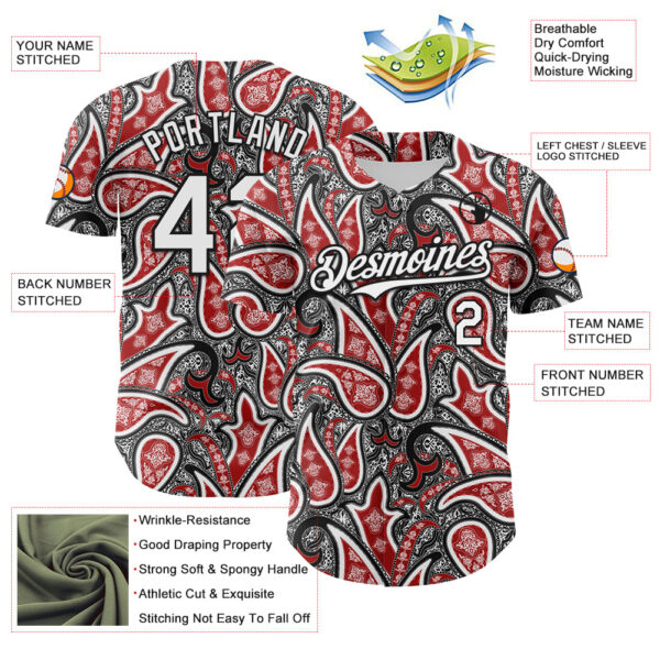 Custom Black White-Red Rave Party Ethnic Paisley Bandana Authentic Baseball Jersey